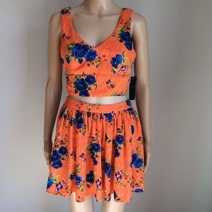 BCNU Orange Floral Crop Top & Skirt  Set